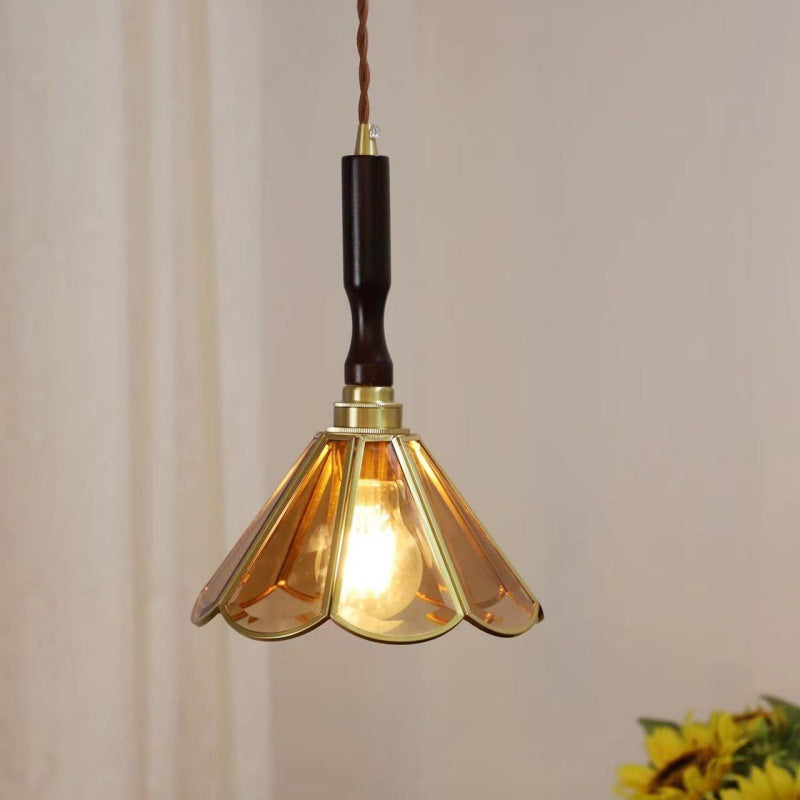 Lustre suspendu à 1 lumière en verre rond effilé Tiffany traditionnel en cuivre pour chambre 