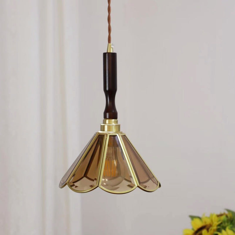 Lustre suspendu à 1 lumière en verre rond effilé Tiffany traditionnel en cuivre pour chambre 