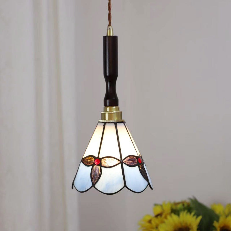Lustre suspendu à 1 lumière en verre rond effilé Tiffany traditionnel en cuivre pour chambre 