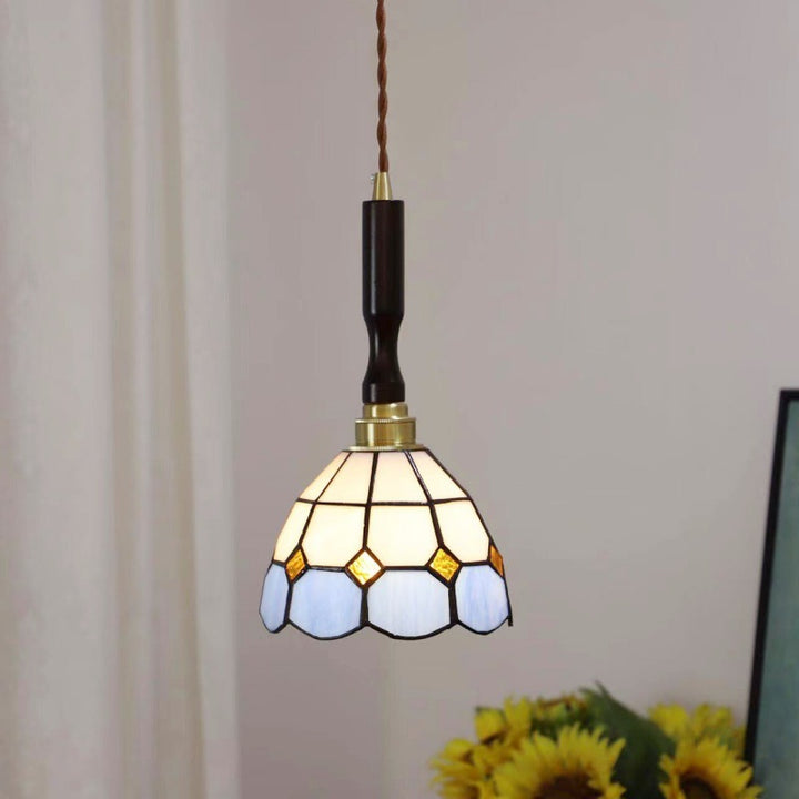 Lustre suspendu à 1 lumière en verre rond effilé Tiffany traditionnel en cuivre pour chambre 
