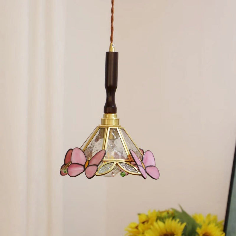 Lustre suspendu à 1 lumière en verre rond effilé Tiffany traditionnel en cuivre pour chambre 