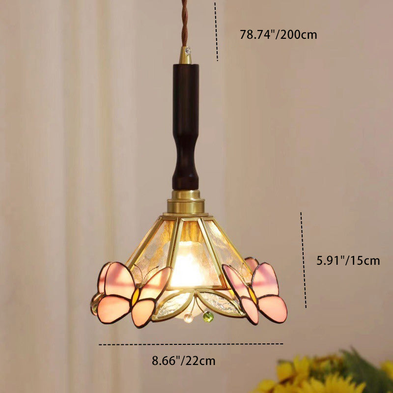 Lustre suspendu à 1 lumière en verre rond effilé Tiffany traditionnel en cuivre pour chambre 