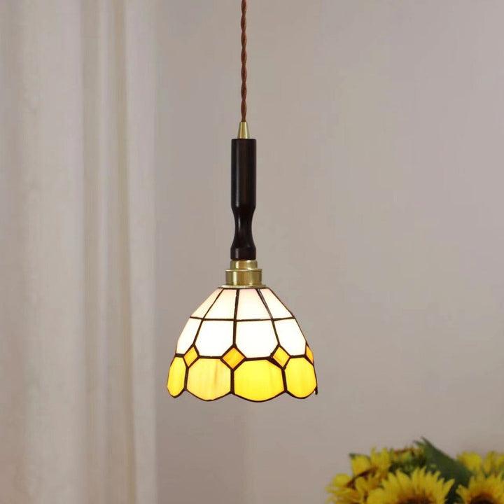Lustre suspendu à 1 lumière en verre rond effilé Tiffany traditionnel en cuivre pour chambre 