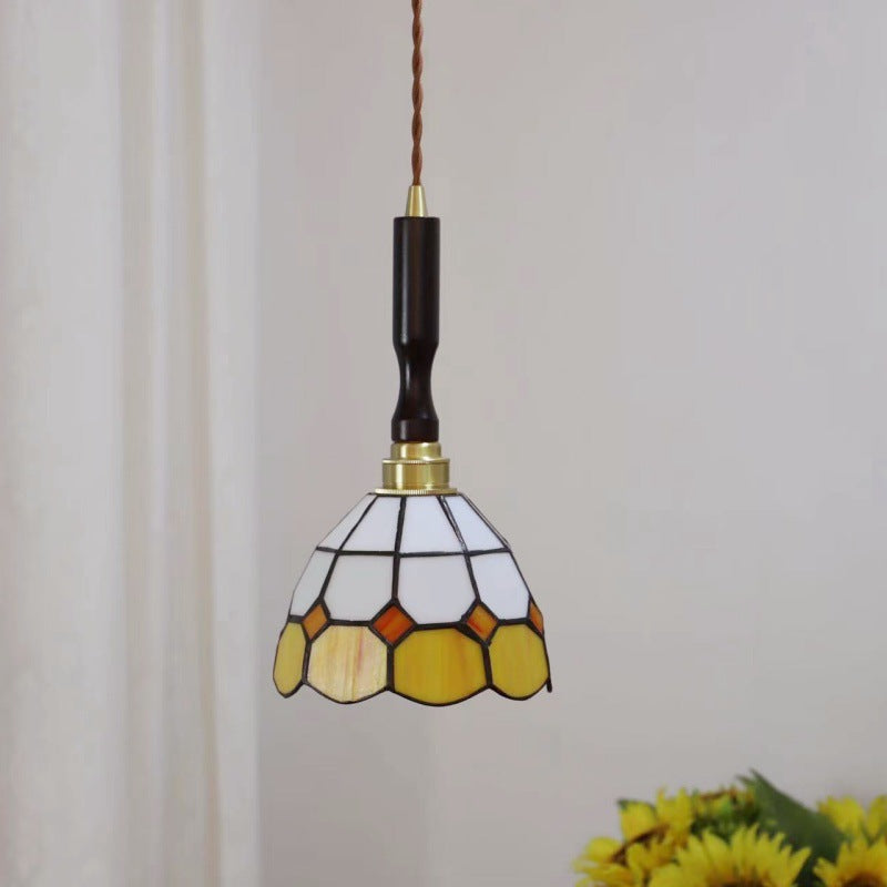 Lustre suspendu à 1 lumière en verre rond effilé Tiffany traditionnel en cuivre pour chambre 