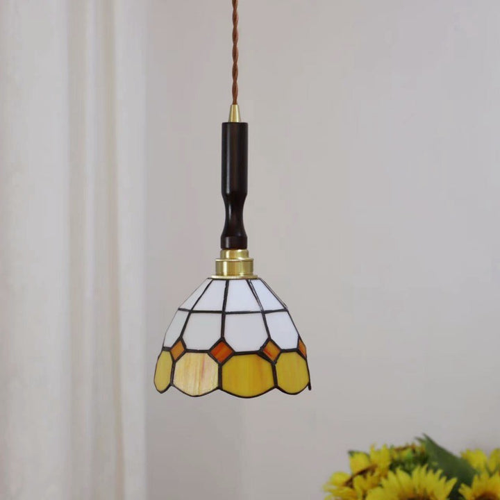 Lustre suspendu à 1 lumière en verre rond effilé Tiffany traditionnel en cuivre pour chambre 