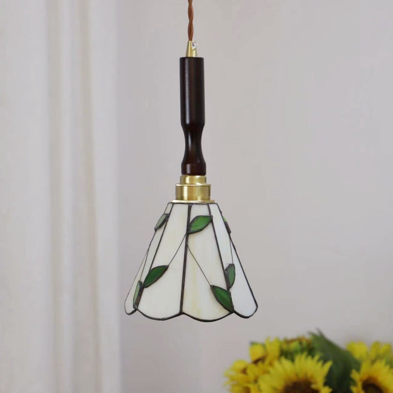 Lustre suspendu à 1 lumière en verre rond effilé Tiffany traditionnel en cuivre pour chambre 