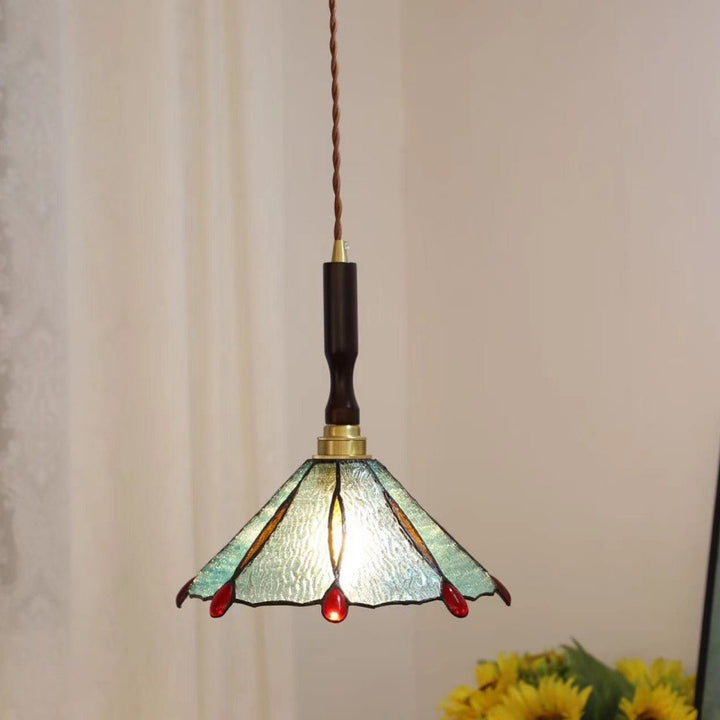 Lustre suspendu à 1 lumière en verre rond effilé Tiffany traditionnel en cuivre pour chambre 