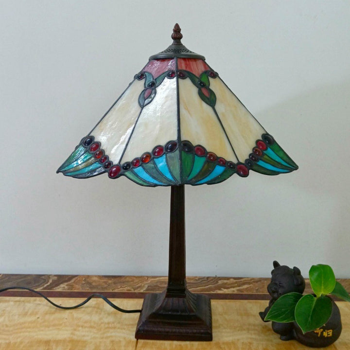 Lámpara de mesa tradicional Tiffany de 1 luz con pantalla cónica cuadrada de vidrio y resina para sala de estar 