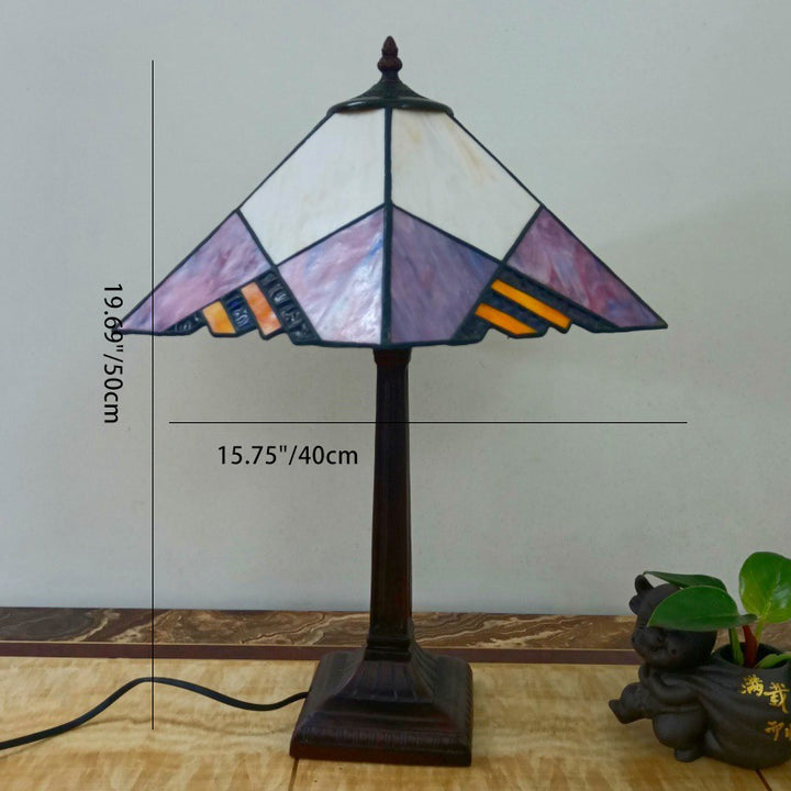 Lámpara de mesa tradicional Tiffany de 1 luz con pantalla cónica cuadrada de vidrio y resina para sala de estar 