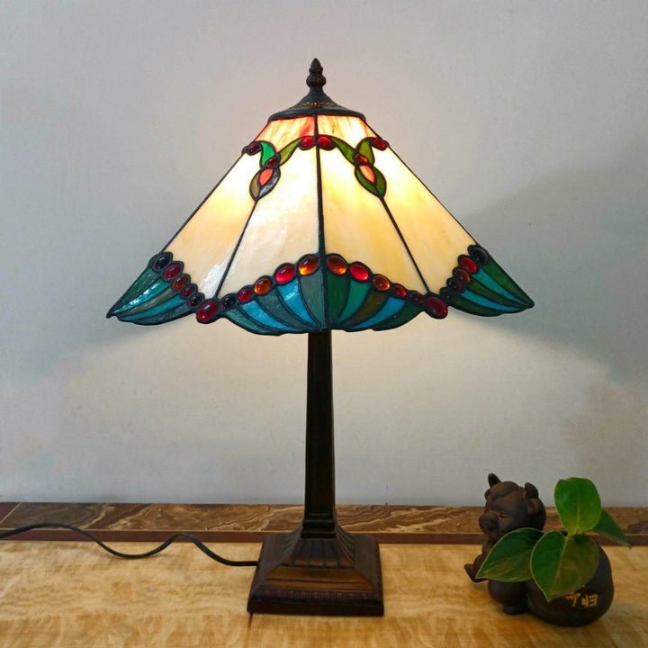 Lámpara de mesa tradicional Tiffany de 1 luz con pantalla cónica cuadrada de vidrio y resina para sala de estar 
