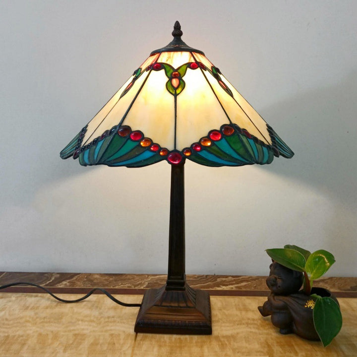 Lámpara de mesa tradicional Tiffany de 1 luz con pantalla cónica cuadrada de vidrio y resina para sala de estar 