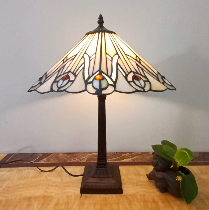 Lámpara de mesa tradicional Tiffany de 1 luz con pantalla cónica cuadrada de vidrio y resina para sala de estar 