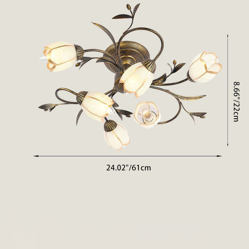 Plafonnier semi-encastré moderne Art Déco avec motif floral et branche de feuille en verre et fer avec 6/8/10/12 lumières pour le salon 