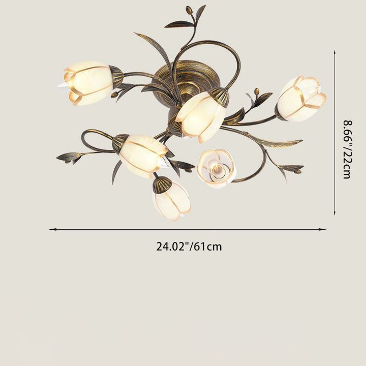 Plafonnier semi-encastré moderne Art Déco avec motif floral et branche de feuille en verre et fer avec 6/8/10/12 lumières pour le salon 