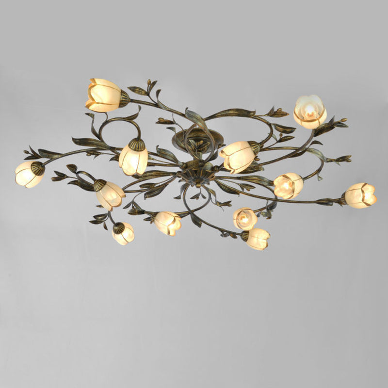Plafonnier semi-encastré moderne Art Déco avec motif floral et branche de feuille en verre et fer avec 6/8/10/12 lumières pour le salon 