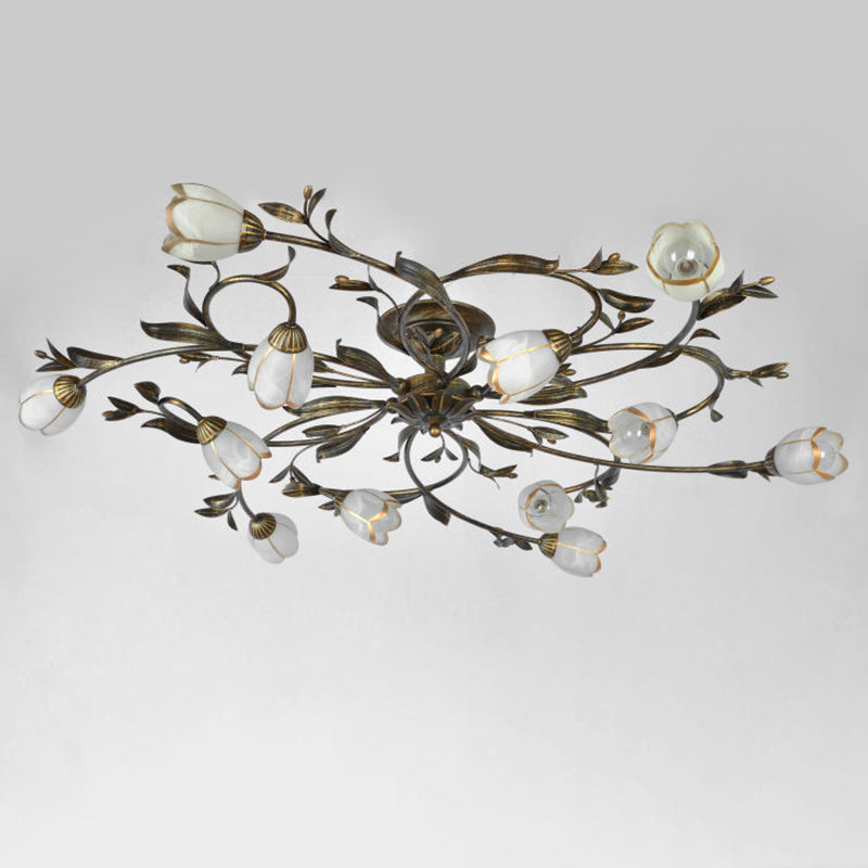 Plafonnier semi-encastré moderne Art Déco avec motif floral et branche de feuille en verre et fer avec 6/8/10/12 lumières pour le salon 