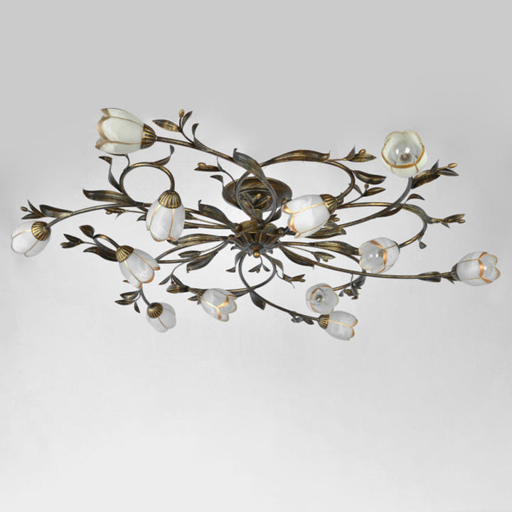 Plafonnier semi-encastré moderne Art Déco avec motif floral et branche de feuille en verre et fer avec 6/8/10/12 lumières pour le salon 