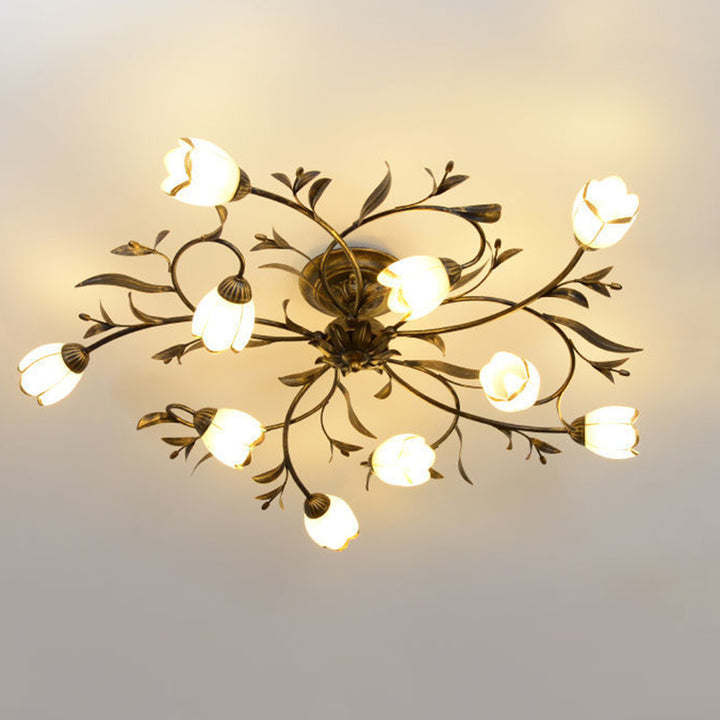 Plafonnier semi-encastré moderne Art Déco avec motif floral et branche de feuille en verre et fer avec 6/8/10/12 lumières pour le salon 