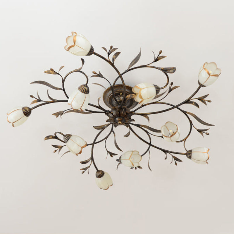 Plafonnier semi-encastré moderne Art Déco avec motif floral et branche de feuille en verre et fer avec 6/8/10/12 lumières pour le salon 