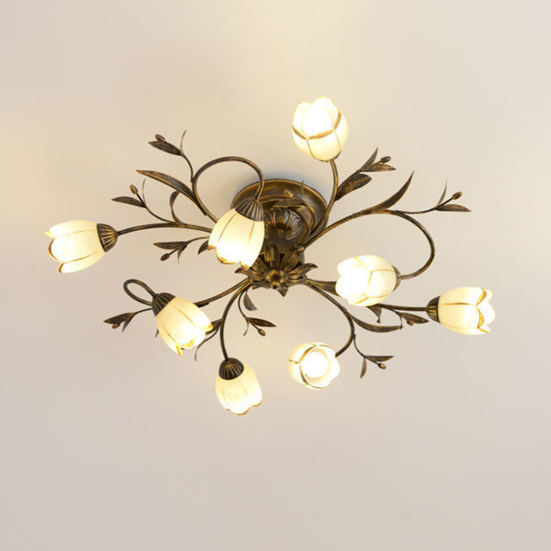 Plafonnier semi-encastré moderne Art Déco avec motif floral et branche de feuille en verre et fer avec 6/8/10/12 lumières pour le salon 