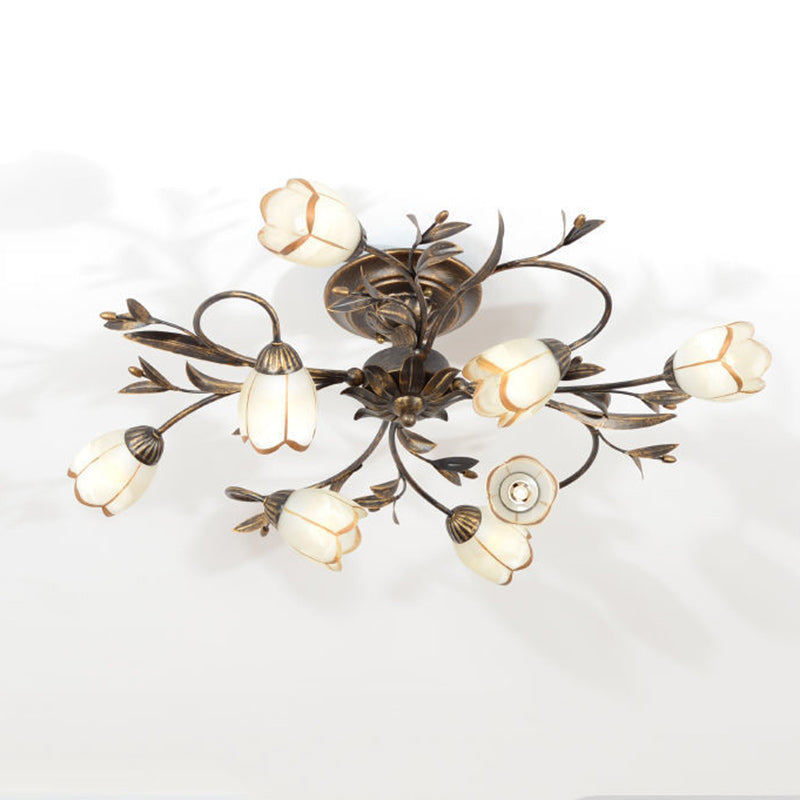 Plafonnier semi-encastré moderne Art Déco avec motif floral et branche de feuille en verre et fer avec 6/8/10/12 lumières pour le salon 