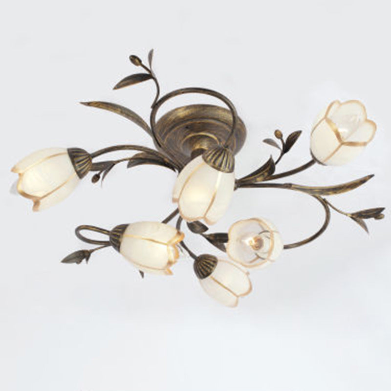 Plafonnier semi-encastré moderne Art Déco avec motif floral et branche de feuille en verre et fer avec 6/8/10/12 lumières pour le salon 