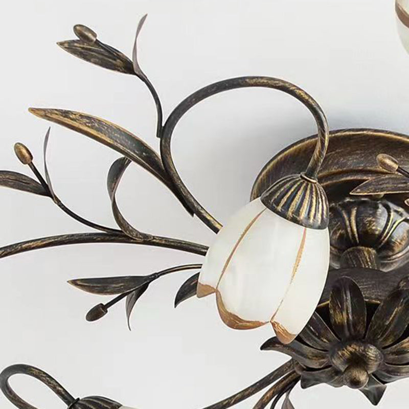 Plafonnier semi-encastré moderne Art Déco avec motif floral et branche de feuille en verre et fer avec 6/8/10/12 lumières pour le salon 