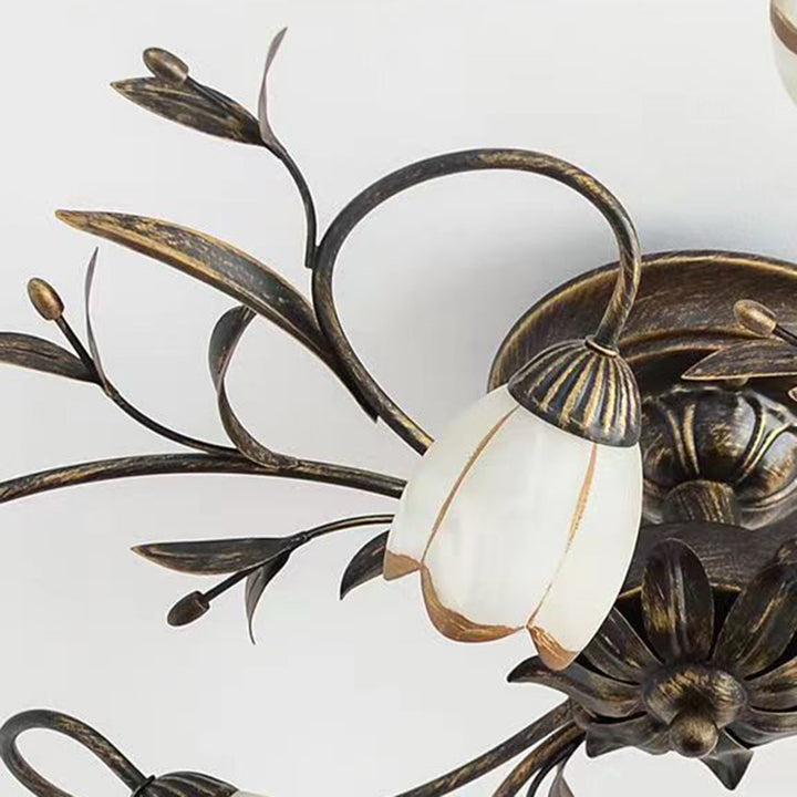 Plafonnier semi-encastré moderne Art Déco avec motif floral et branche de feuille en verre et fer avec 6/8/10/12 lumières pour le salon 