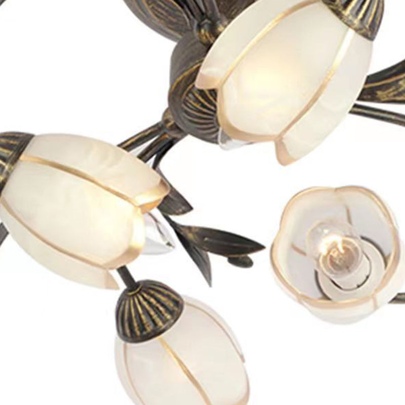 Plafonnier semi-encastré moderne Art Déco avec motif floral et branche de feuille en verre et fer avec 6/8/10/12 lumières pour le salon 