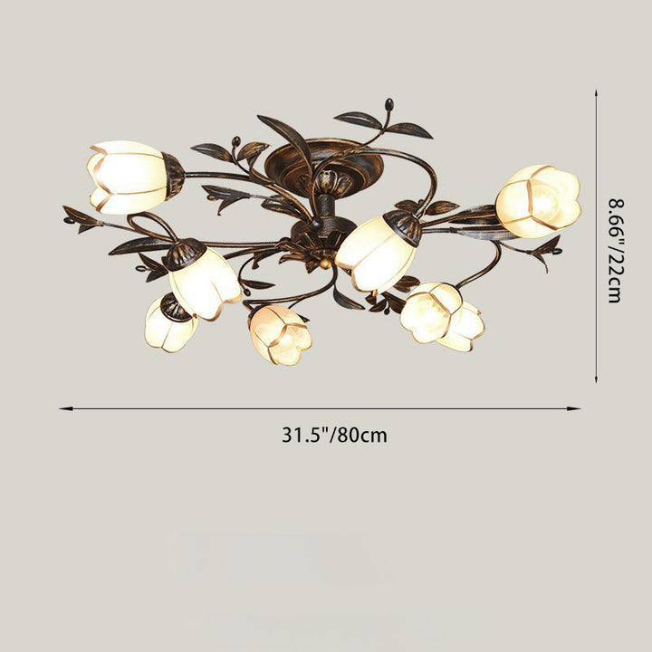 Plafonnier semi-encastré moderne Art Déco avec motif floral et branche de feuille en verre et fer avec 6/8/10/12 lumières pour le salon 