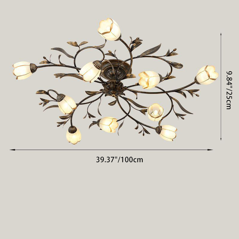 Plafonnier semi-encastré moderne Art Déco avec motif floral et branche de feuille en verre et fer avec 6/8/10/12 lumières pour le salon 