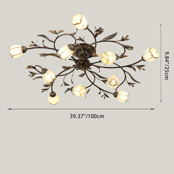 Plafonnier semi-encastré moderne Art Déco avec motif floral et branche de feuille en verre et fer avec 6/8/10/12 lumières pour le salon 