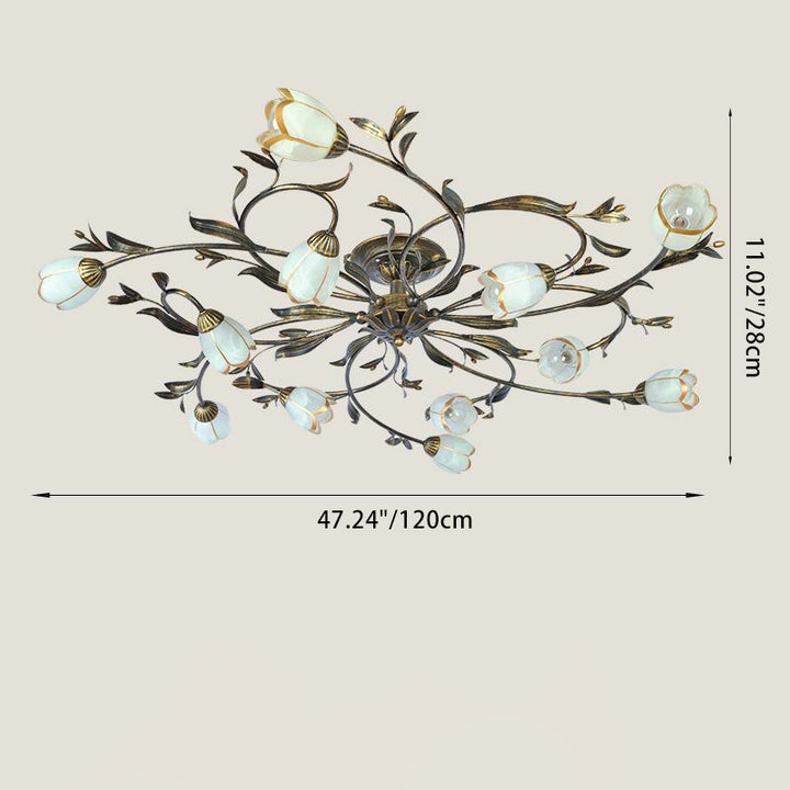 Plafonnier semi-encastré moderne Art Déco avec motif floral et branche de feuille en verre et fer avec 6/8/10/12 lumières pour le salon 