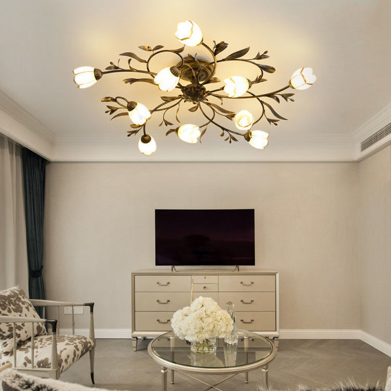 Plafonnier semi-encastré moderne Art Déco avec motif floral et branche de feuille en verre et fer avec 6/8/10/12 lumières pour le salon 
