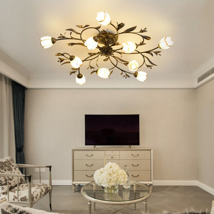 Plafonnier semi-encastré moderne Art Déco avec motif floral et branche de feuille en verre et fer avec 6/8/10/12 lumières pour le salon 