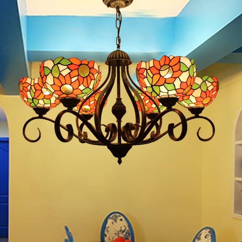 Traditionelle Tiffany Zweig Halb Runde Glas Eisen 3/6/8 Licht Kronleuchter Für Wohnzimmer 