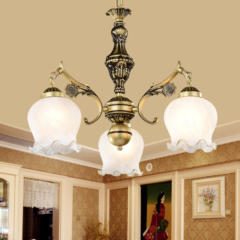 Traditioneller Vintage-Kronleuchter mit Blumenzweig, rund, Glas, Eisen, Zink, 3 Lichter für Wohnzimmer 