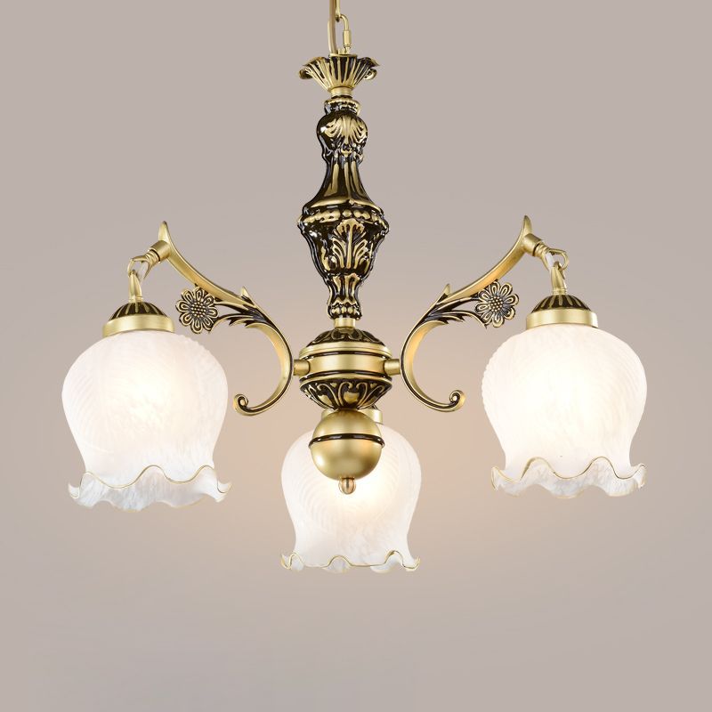 Traditioneller Vintage-Kronleuchter mit Blumenzweig, rund, Glas, Eisen, Zink, 3 Lichter für Wohnzimmer 