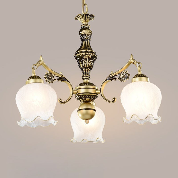 Traditioneller Vintage-Kronleuchter mit Blumenzweig, rund, Glas, Eisen, Zink, 3 Lichter für Wohnzimmer 