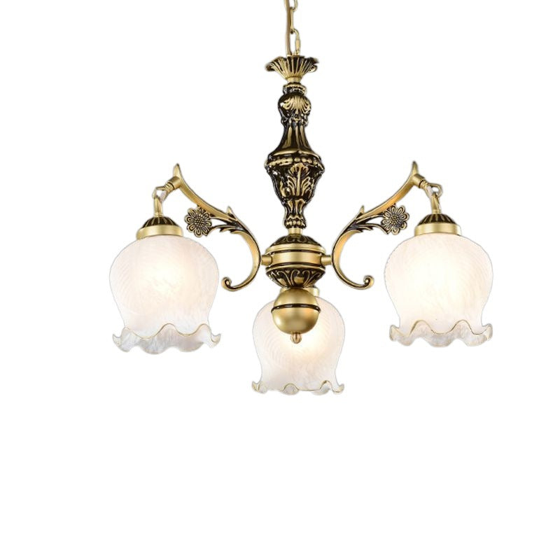 Traditioneller Vintage-Kronleuchter mit Blumenzweig, rund, Glas, Eisen, Zink, 3 Lichter für Wohnzimmer 