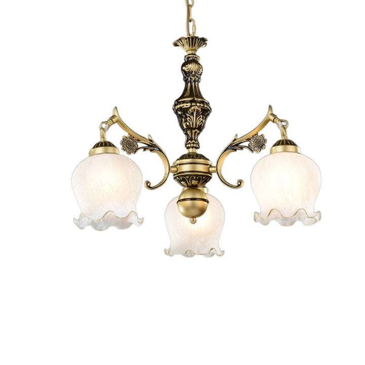Traditioneller Vintage-Kronleuchter mit Blumenzweig, rund, Glas, Eisen, Zink, 3 Lichter für Wohnzimmer 