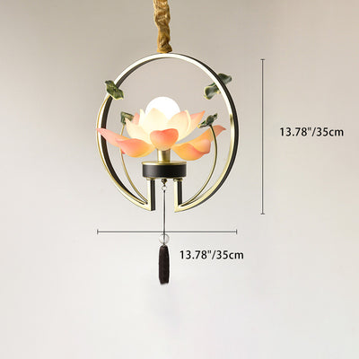 Traditionelle chinesische Lotus-Quaste, rund, Kunstharz, Keramik, Eisen, 1-flammig, Pendelleuchte für Schlafzimmer 