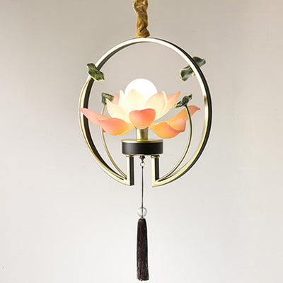 Traditionelle chinesische Lotus-Quaste, rund, Kunstharz, Keramik, Eisen, 1-flammig, Pendelleuchte für Schlafzimmer 