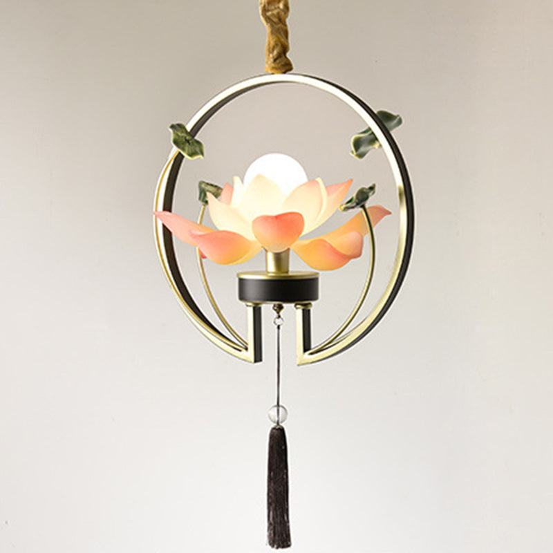 Traditionelle chinesische Lotus-Quaste, rund, Kunstharz, Keramik, Eisen, 1-flammig, Pendelleuchte für Schlafzimmer 