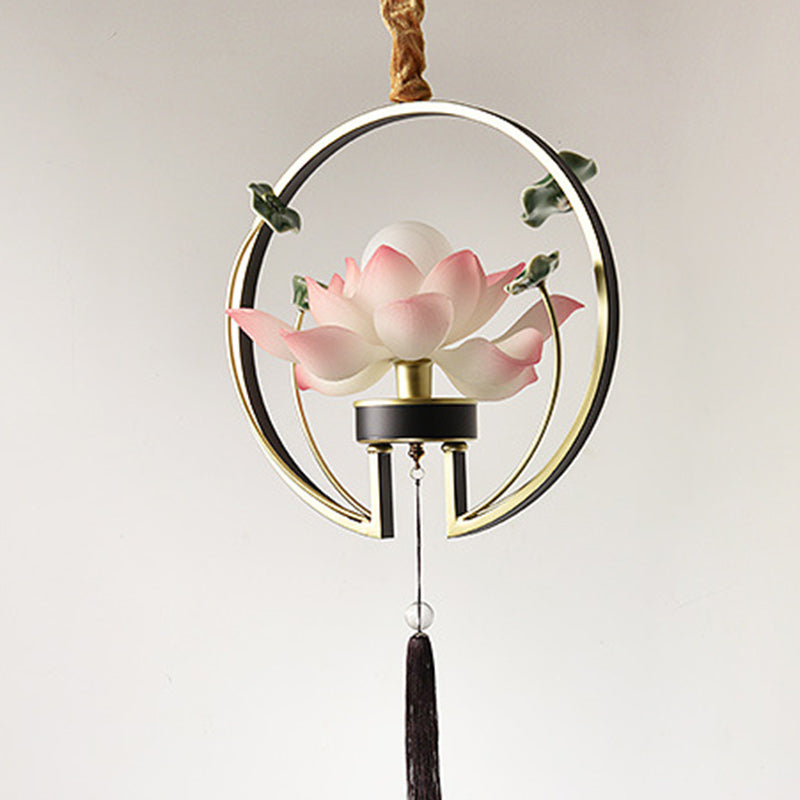 Traditionelle chinesische Lotus-Quaste, rund, Kunstharz, Keramik, Eisen, 1-flammig, Pendelleuchte für Schlafzimmer 