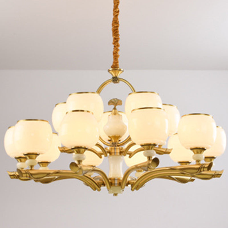 Lustres traditionnels chinois en verre rond avec pierres de jade et cuivre 6/8/10/15 lumières pour salon 