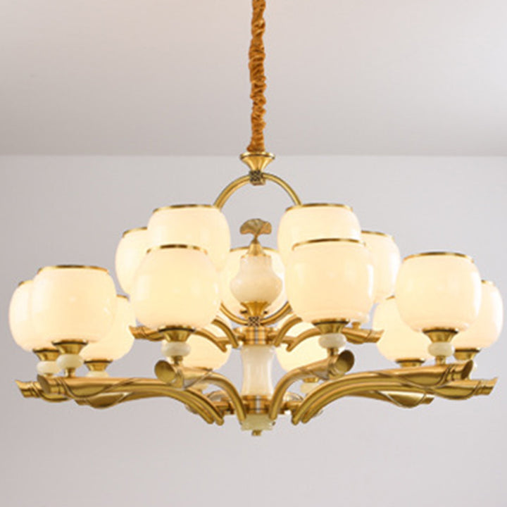 Lustres traditionnels chinois en verre rond avec pierres de jade et cuivre 6/8/10/15 lumières pour salon 