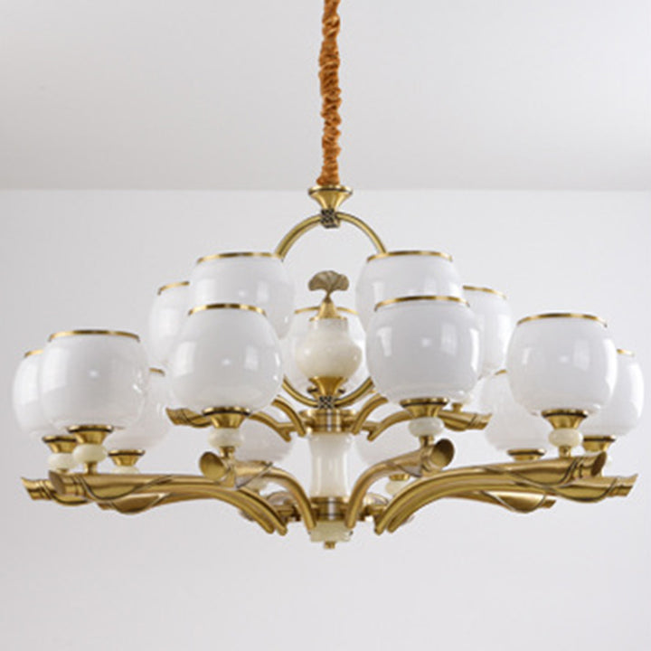 Lustres traditionnels chinois en verre rond avec pierres de jade et cuivre 6/8/10/15 lumières pour salon 