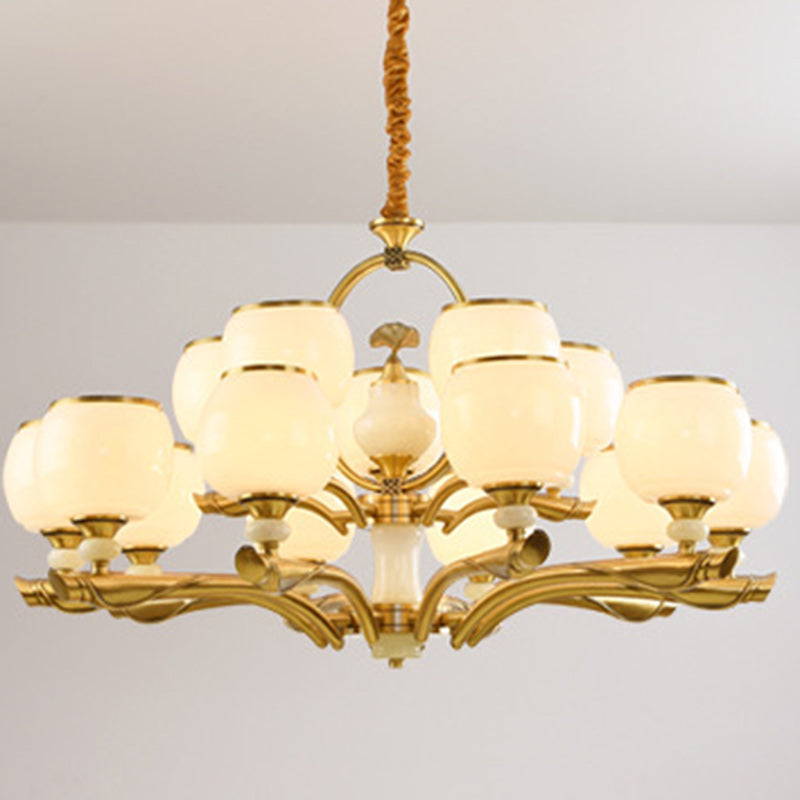 Lustres traditionnels chinois en verre rond avec pierres de jade et cuivre 6/8/10/15 lumières pour salon 