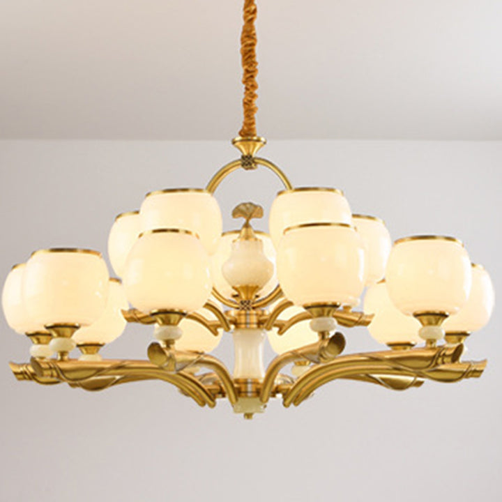 Lustres traditionnels chinois en verre rond avec pierres de jade et cuivre 6/8/10/15 lumières pour salon 